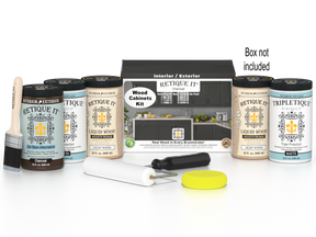 Retique It® Wood'n Cabinet Kit with 24 smooth charcoal doors, stain kit for cabinetry renovation, includes application tools.