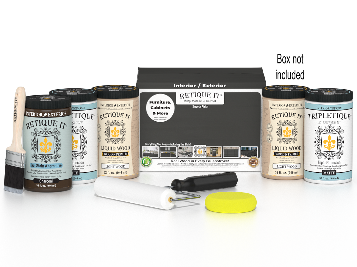 Retique It® Multi-purpose Smooth Finish Kit for interior wood, charcoal color, includes 4 large top coat bottles.