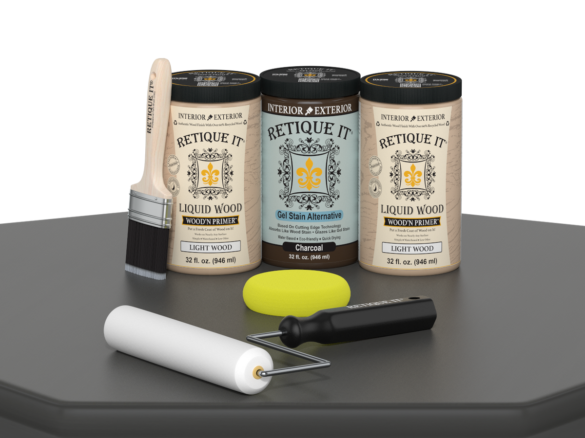 Retique It® Wood'n Cabinet Kit with 24 smooth charcoal stained cabinet doors, designed for easy application and stylish kitchen updates.