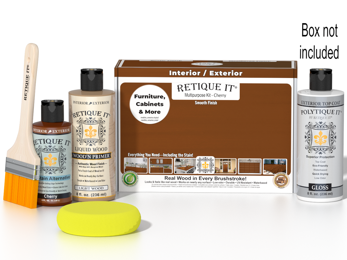 Retique It Cherry Multi-purpose Smooth Finish Kit with exterior top coat in gloss, includes wood finishing tools and products.