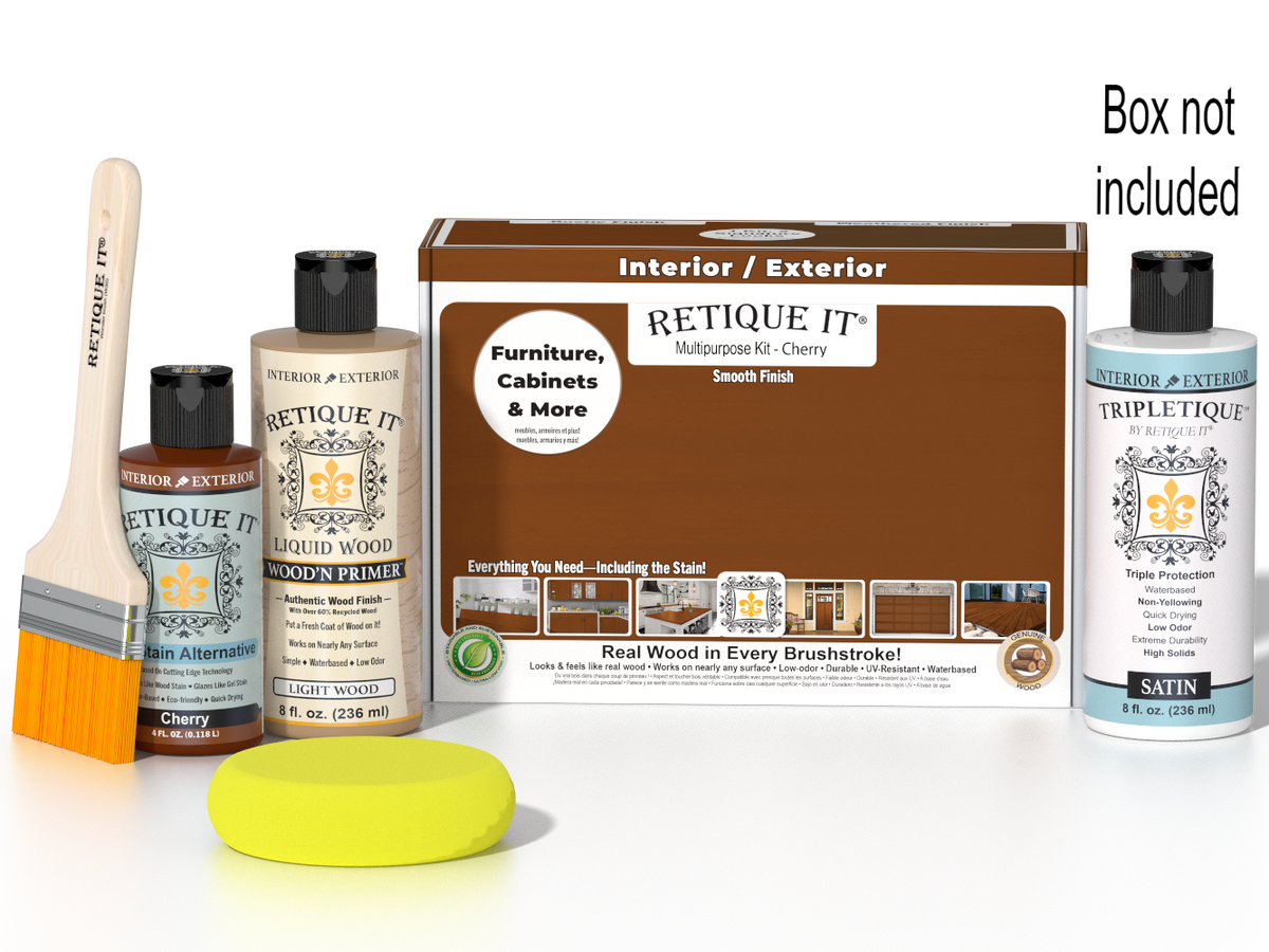 Retique It Cherry Multi-purpose Smooth Finish Kit for interior wood projects, includes top coat and application tools.