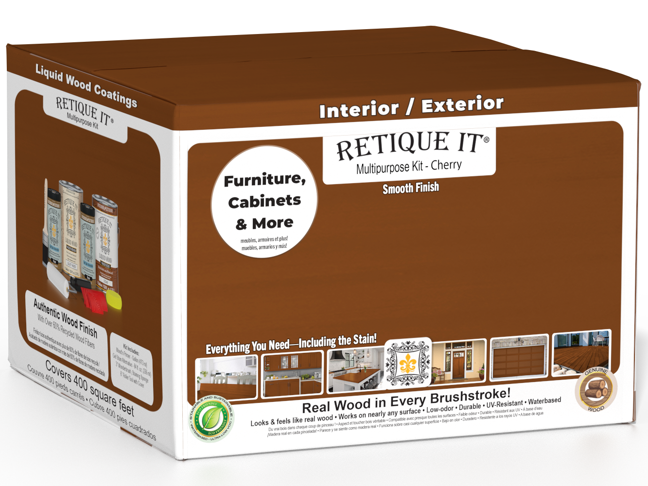Retique It® Cherry multi-purpose wood finish kit with four large containers, showcasing smooth finishing products for wood surfaces.