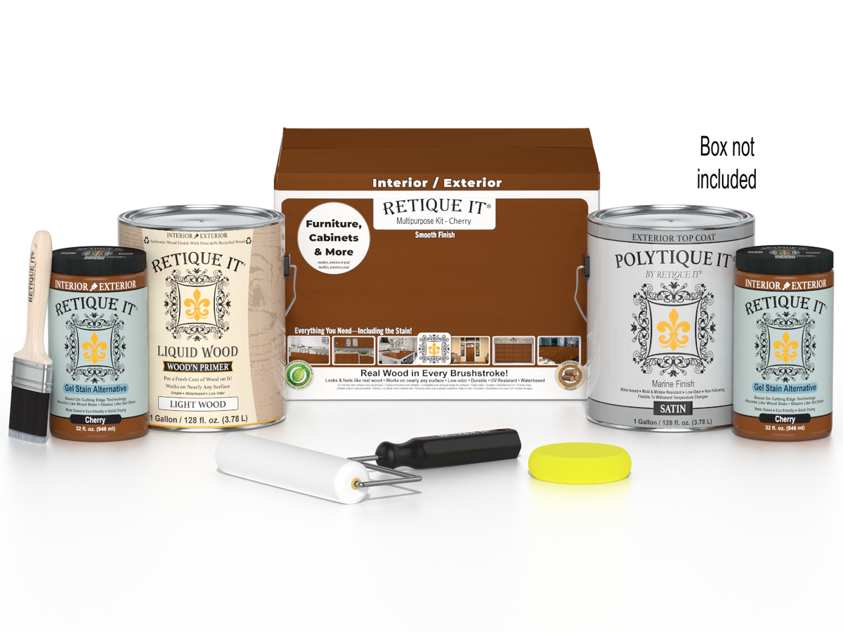 Retique It Cherry Multi-purpose Smooth Finish Kit with four large wood exterior top coats and application tools in a box.