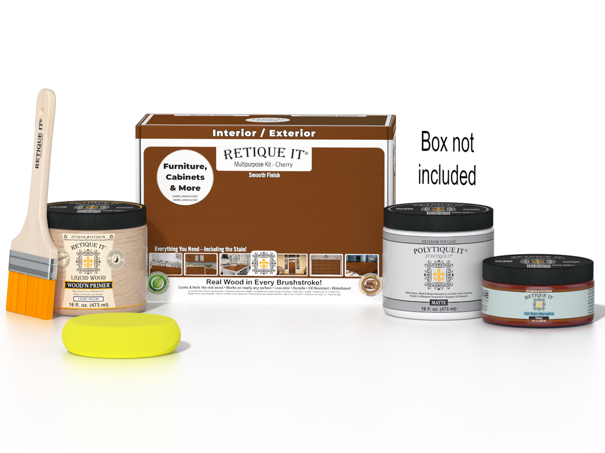 Retique It® Multi-purpose Smooth Finish Kit in Cherry for exterior wood projects, includes top coat and application tools.