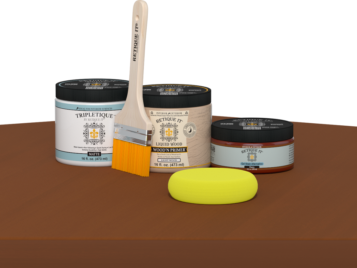 Retique It® Multi-purpose Smooth Finish Kit in Cherry for interior wood projects, featuring a matte top coat and precise application tools.