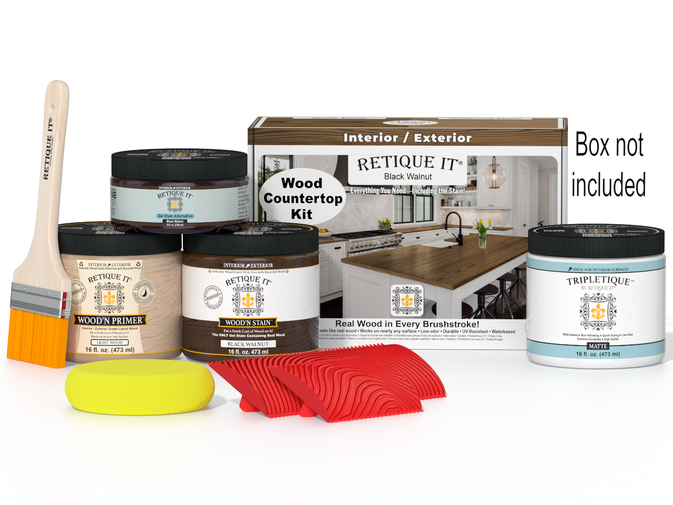 Wood countertop kit with paint cans, a brush, and a box in the background