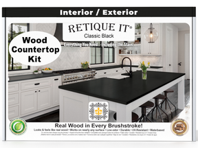 Advertisement for Retique It Wood Countertop Kit with a kitchen scene and product details.