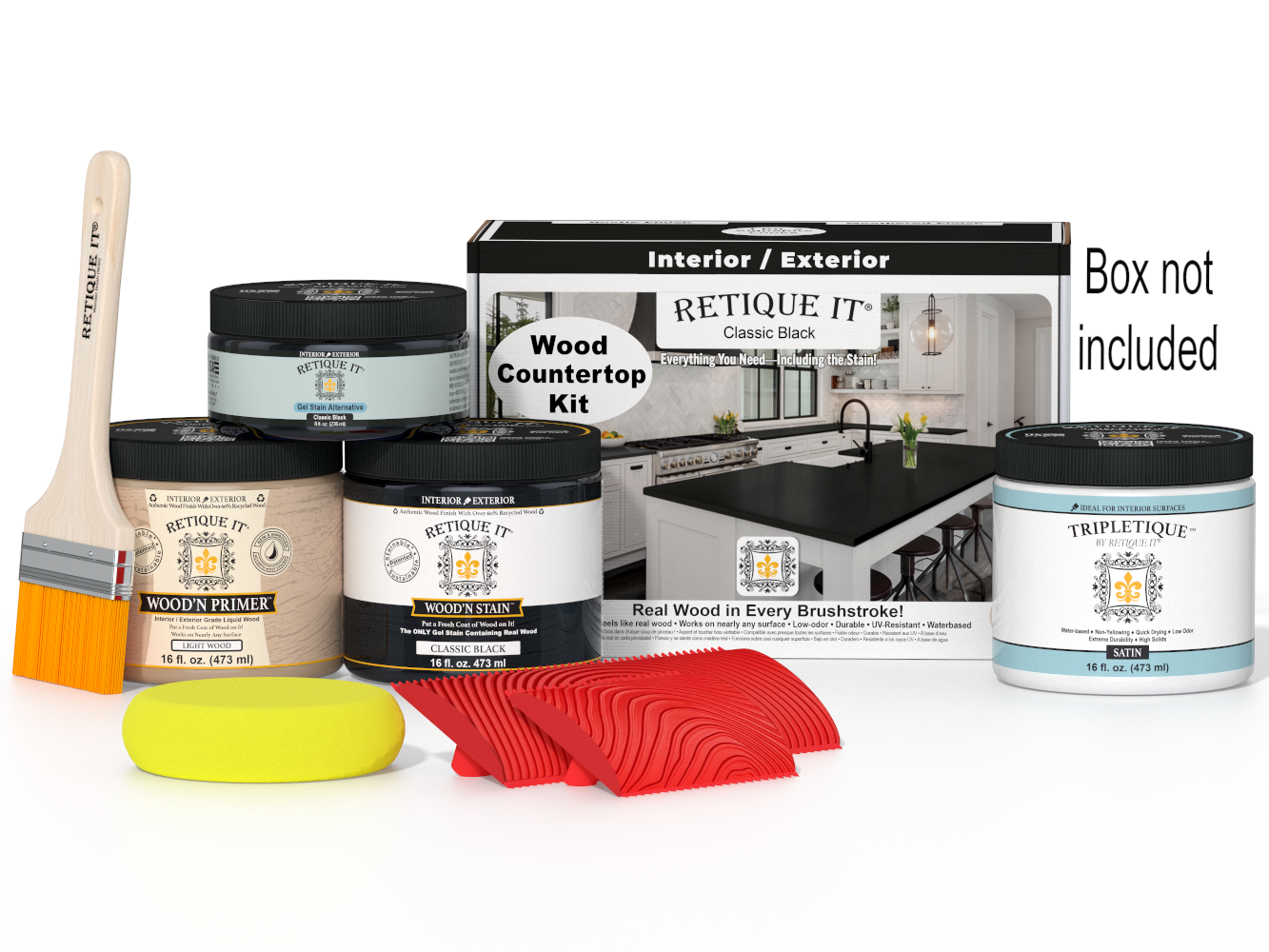 Wood countertop kit with paint cans, a brush, and a box on a white background