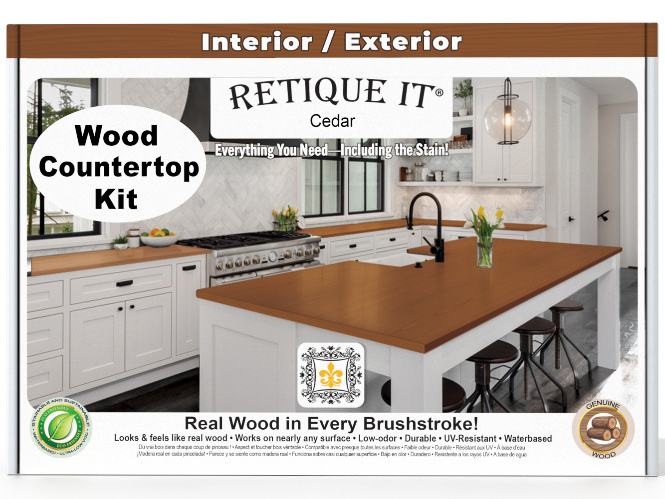 Advertisement for a wood countertop kit with a kitchen setup and 'Retique It' branding.