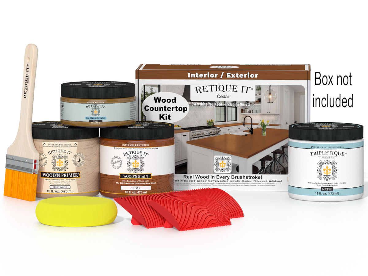 Retique It® cedar stain countertop kit for kitchen islands, featuring natural wood grain and stain application tools.