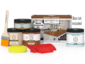 Wood countertop kit with paint cans, a brush, and a sponge on a white background