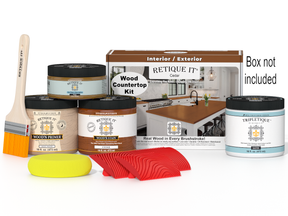 Wood countertop kit with paint cans, a brush, and other tools on a white background