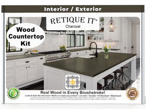 Advertisement for Retique It Wood Countertop Kit with a kitchen scene and product details.