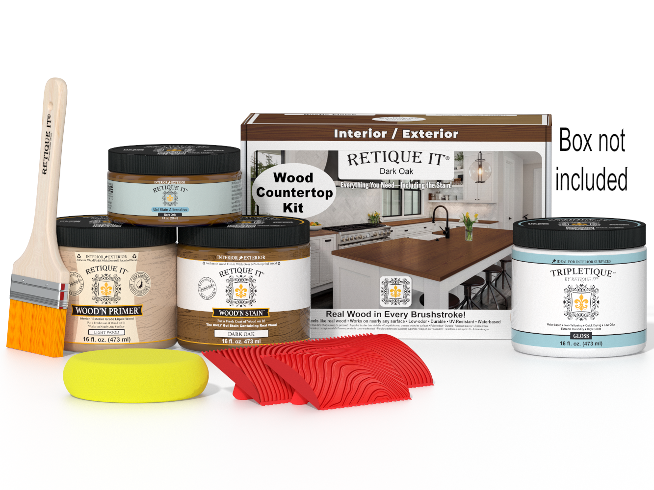 Wood countertop kit with paint cans, a brush, and a sponge on a white background