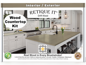 Advertisement for Retique It wood countertop kit with a kitchen scene and product branding.