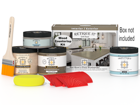 Wood countertop kit with paint cans, a brush, and a sponge on a white background