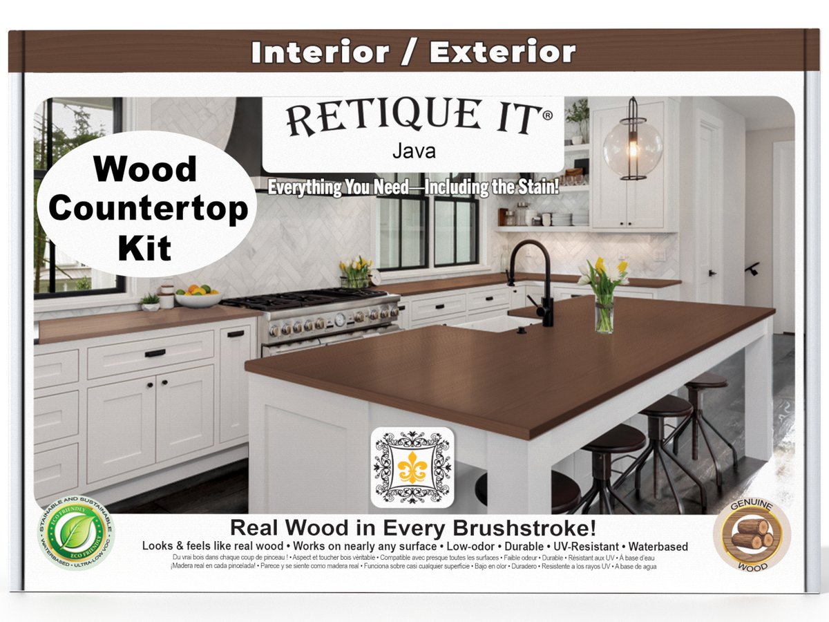 Advertisement for Retique It wood countertop kit with a kitchen scene and product branding.