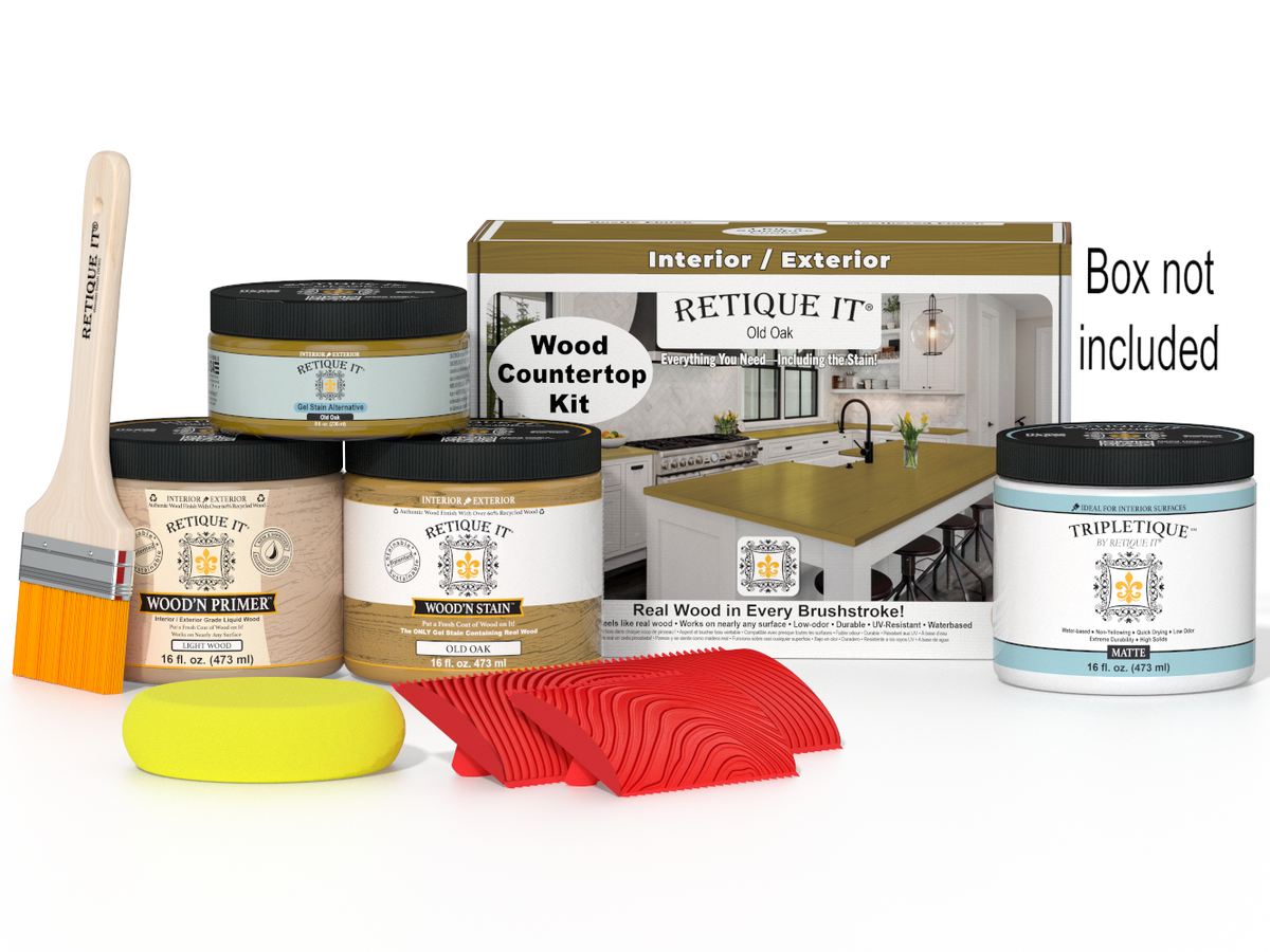 Retique It® Old Oak stain kit for kitchen island countertops, featuring wood grain and stain application tools in a box.