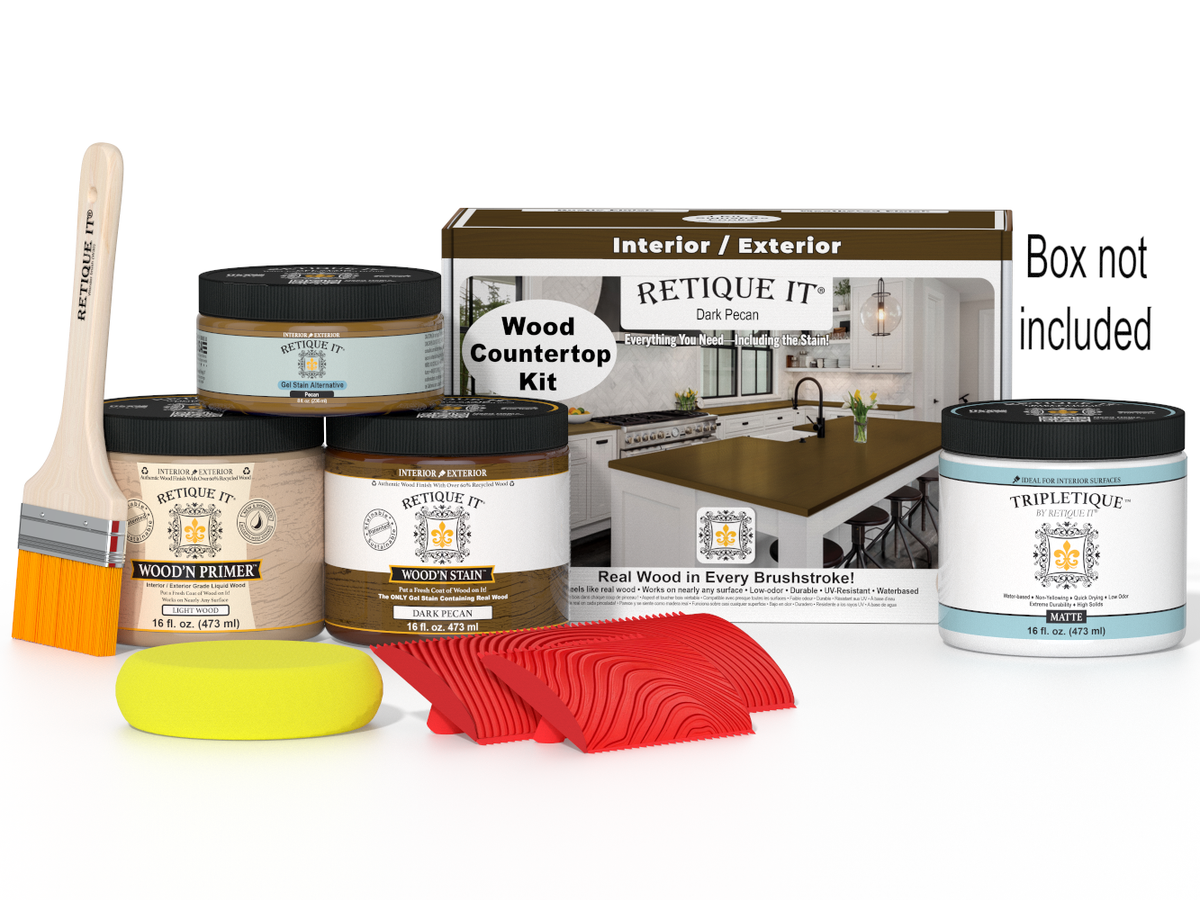 Dark Pecan stain kit for kitchen island countertops by Retique It®, showcasing a natural wood finish with stain bottles and application tools.