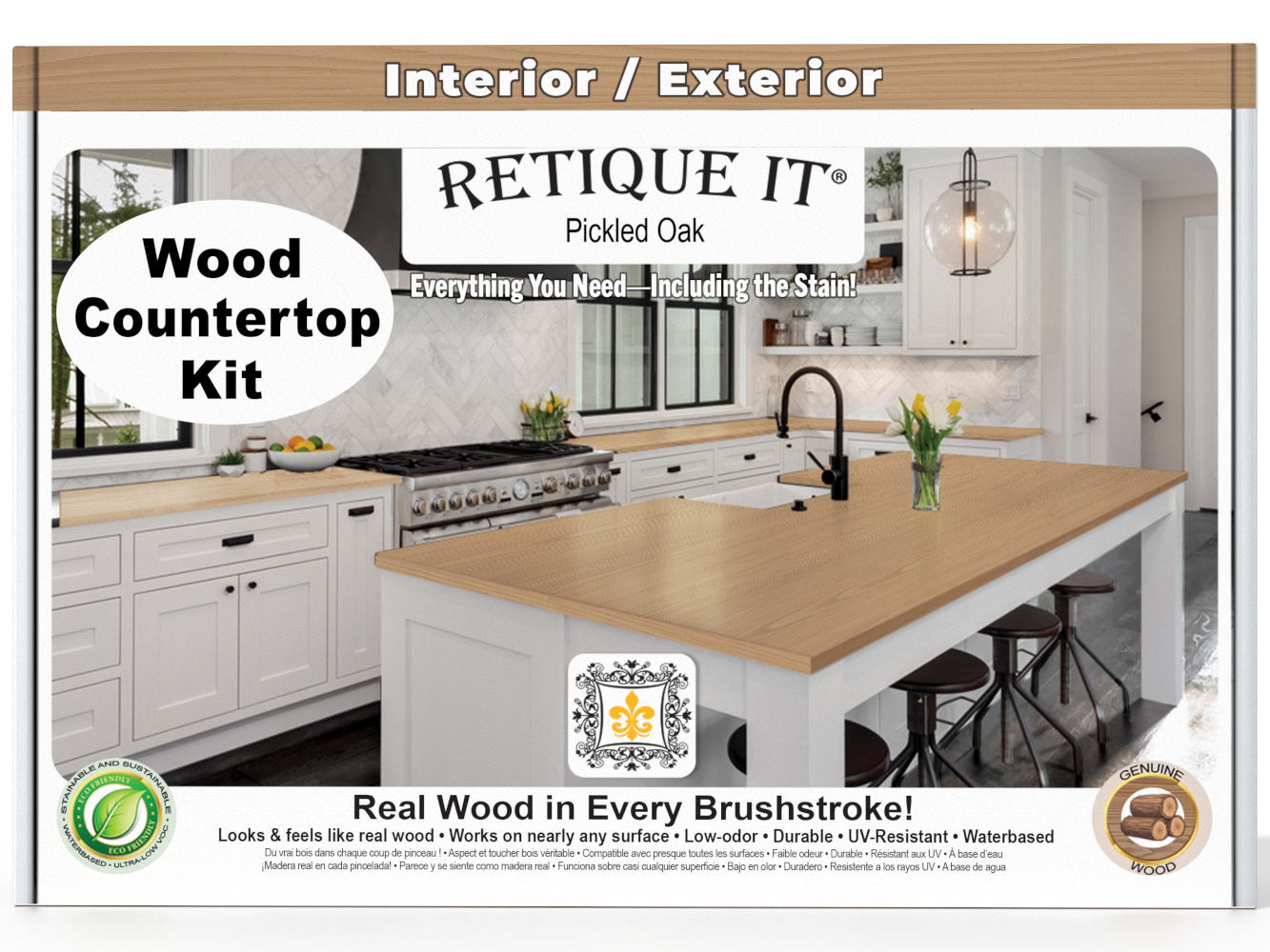 Advertisement for Retique It wood countertop kit with a kitchen setting.
