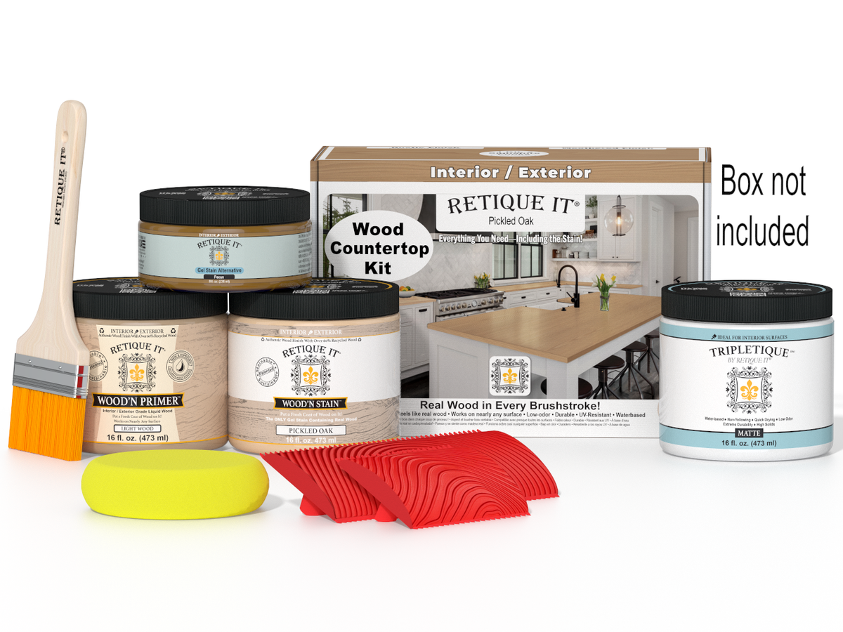 Retique It® pickled oak countertop kit for kitchen islands, featuring stain samples and finishing materials for custom kitchen updates.