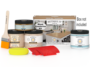 Wood countertop kit with paint, brush, and other tools on a white background