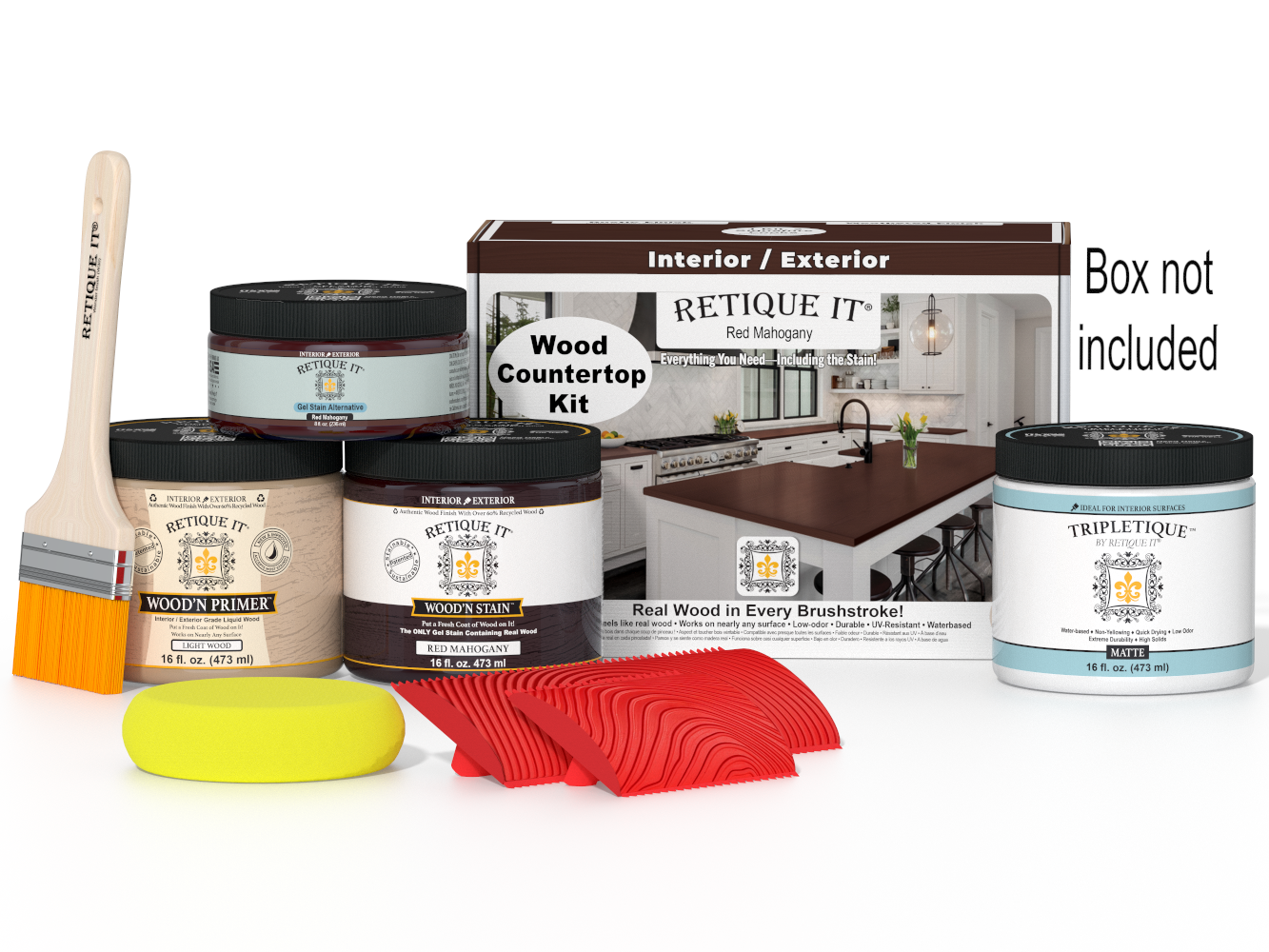 Wood countertop kit with paint cans, a brush, and a box in the background