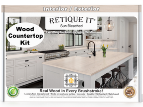 Advertisement for Retique It wood countertop kit with a kitchen scene and product details.
