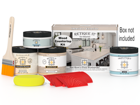 Retique It wood countertop kit with paint cans, brush, and other tools on a white background