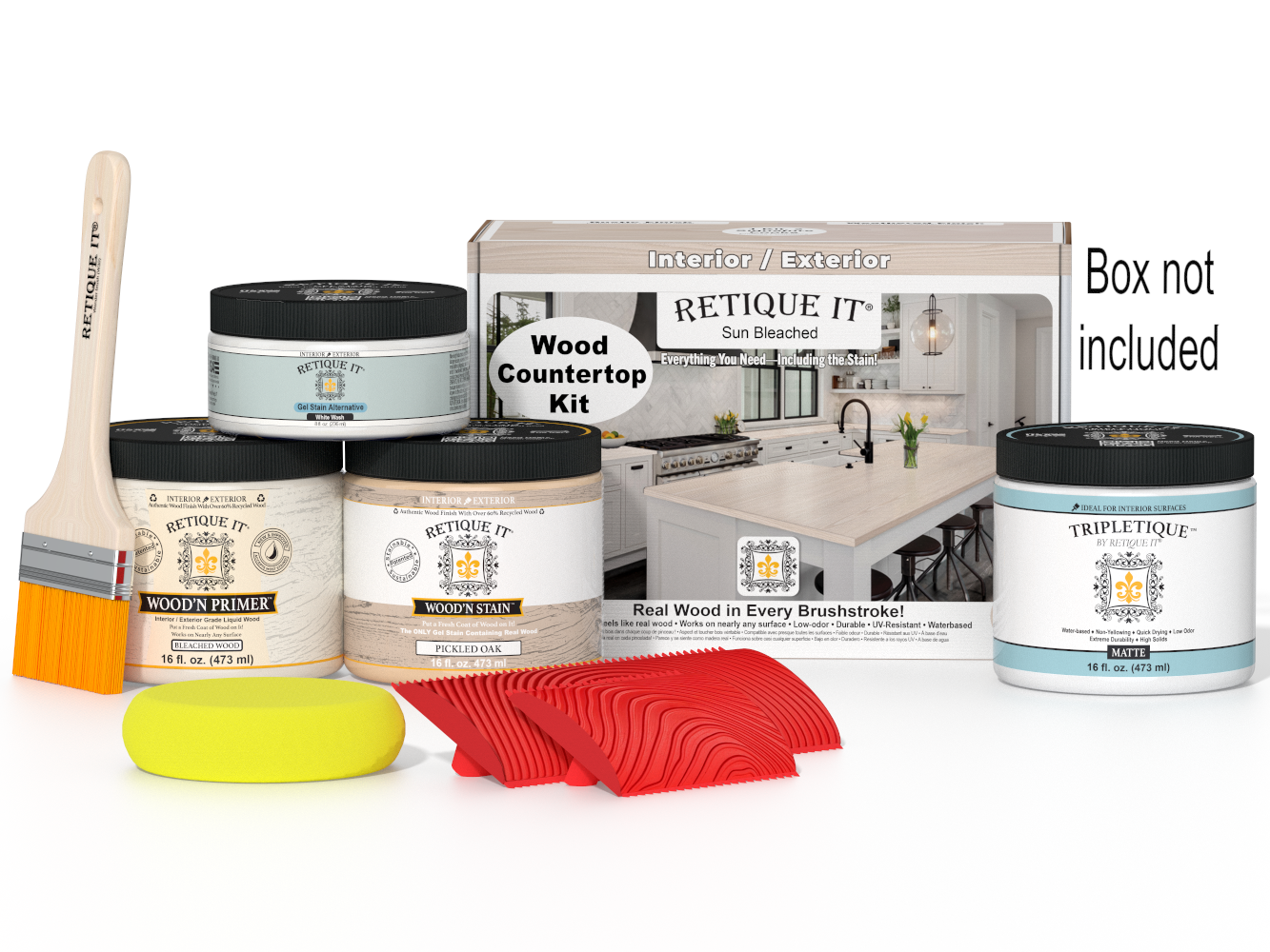 Retique It wood countertop kit with paint cans, a brush, and other tools on a white background.