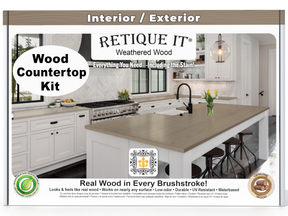 Advertisement for Retique It Wood Countertop Kit with a kitchen scene and product branding.