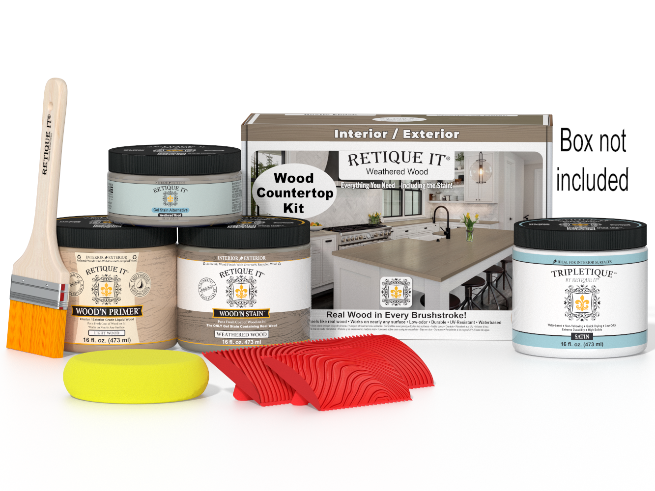 Wood countertop kit with paint cans, a brush, and other tools on a white background