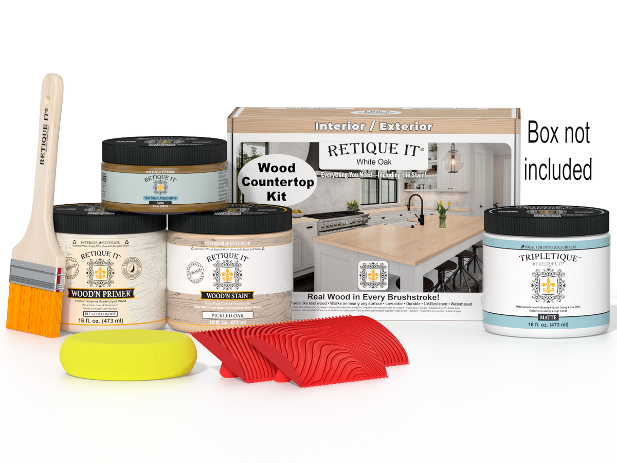 Retique It® white oak kitchen island countertop kit with stain, showcasing a smooth, natural wood finish suitable for kitchen renovation.