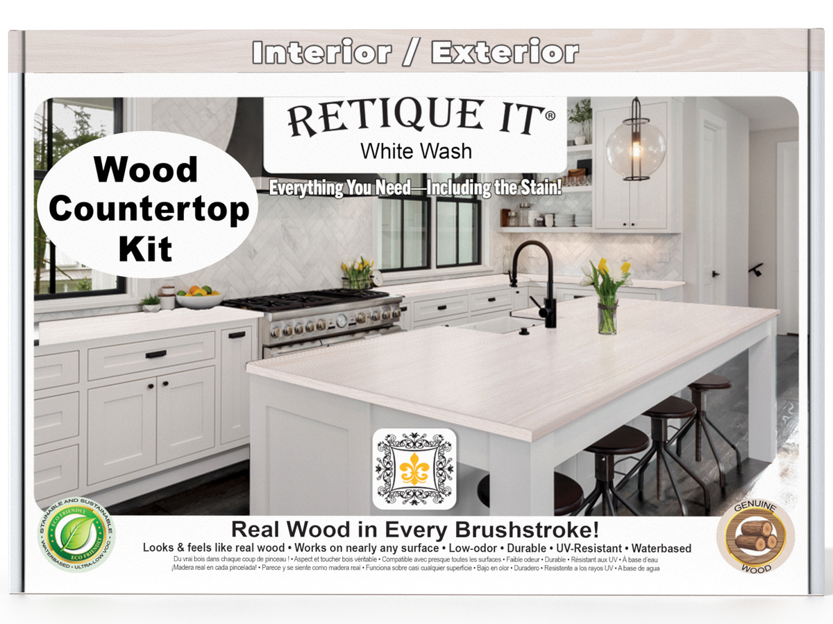Advertisement for a wood countertop kit with a kitchen scene and product branding.
