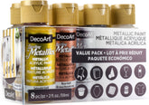 Eight metallic paint bottles from DecoArt Dazzling Metallics Classic Paint Set, showcasing vibrant, shimmering colors.