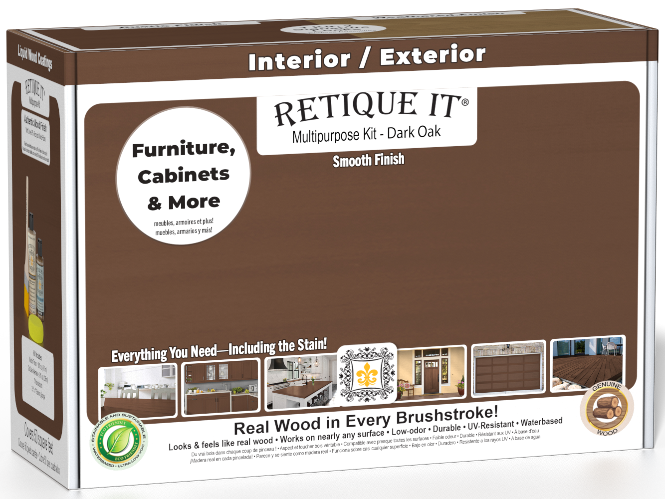 Retique It® Multi-purpose Smooth Finish Kit in Dark Oak with exterior top coat, matte wood finish, shown in the box.