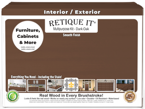 Retique It® Multi-purpose Smooth Wood'n Finish Kit in Dark Oak, large size, with brush and finishing tools on the box.