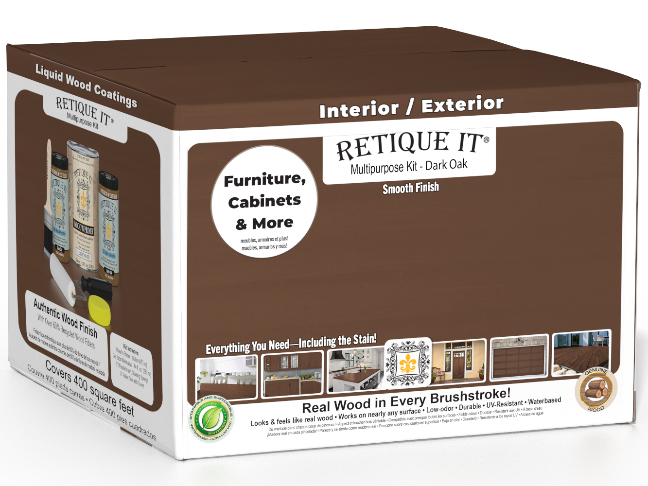 Retique It® Dark Oak Wood'n Finish Kit with four large containers, featuring smooth wood finish and application tools.