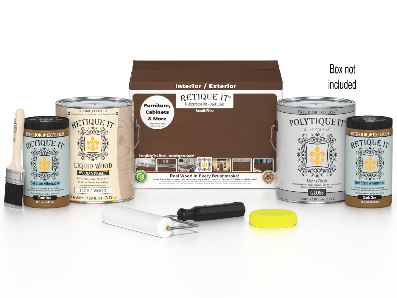 Retique It® Dark Oak Multi-purpose Wood'n Finish Kit with four large exterior top coat bottles and application tools in a box.