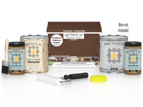 Retique It® Dark Oak Multi-purpose Wood'n Finish Kit with four large exterior top coat bottles and application tools in a box.