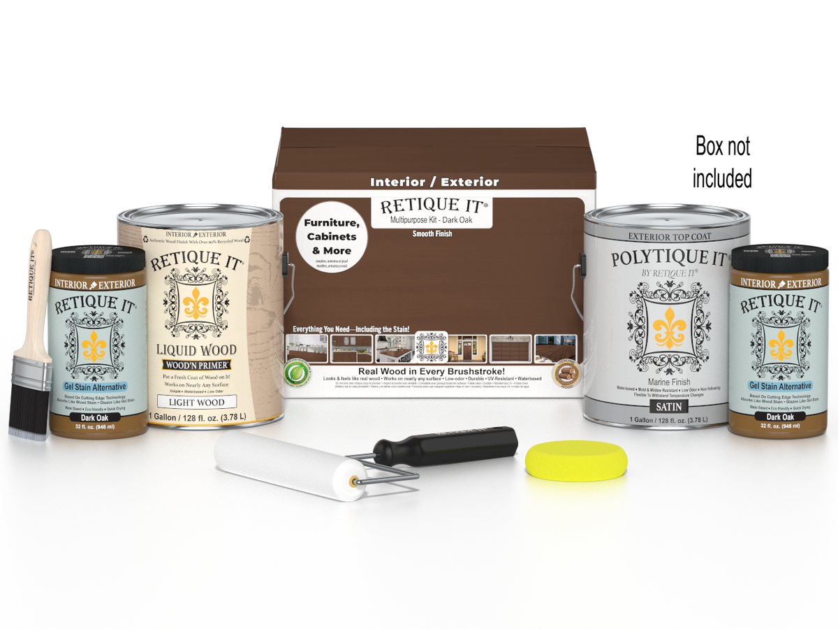 Retique It Multi-purpose Smooth Wood'n Finish Kit in Dark Oak with four large exterior top coat bottles and application tools.