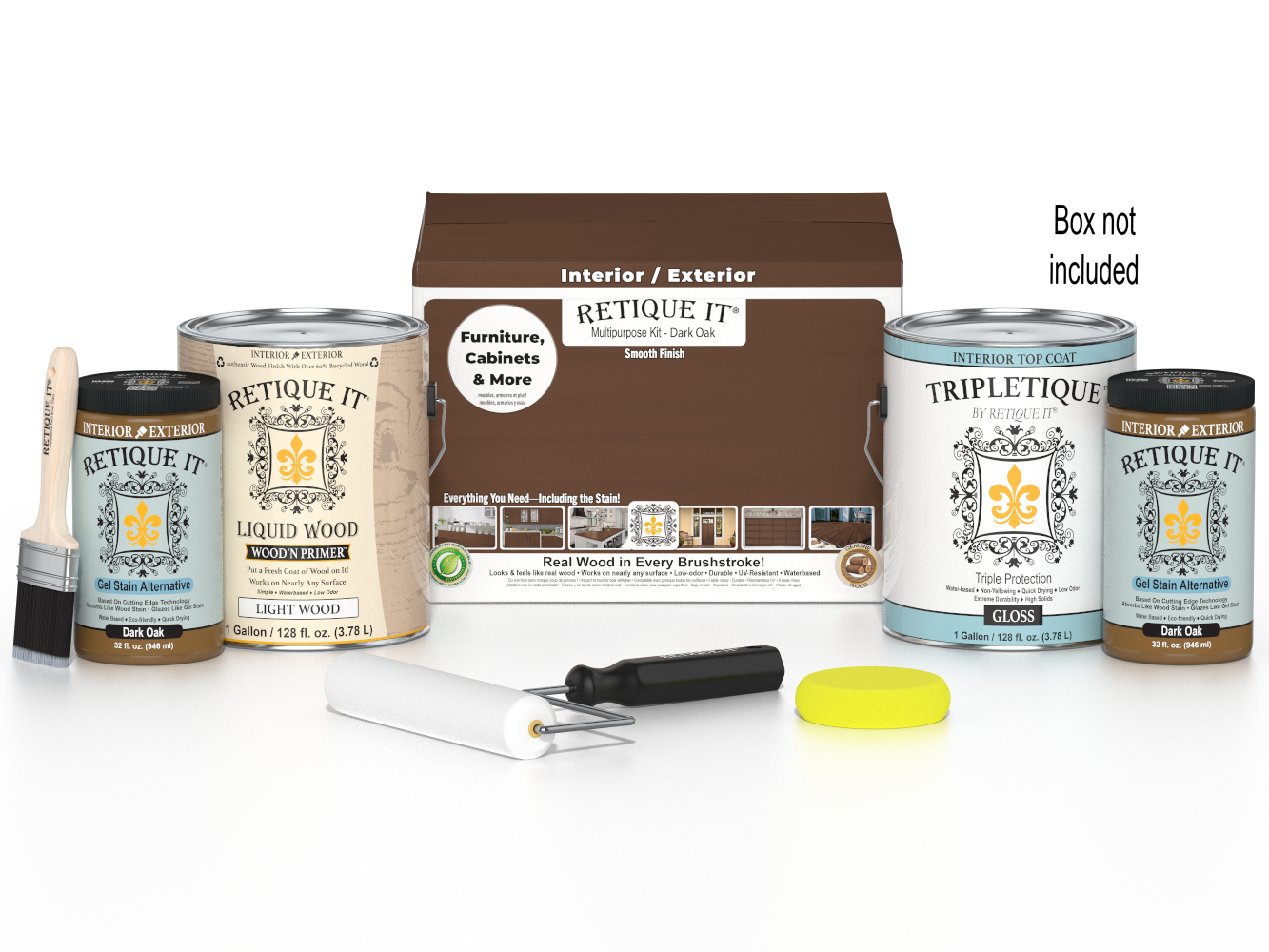 Retique It® Dark Oak multi-purpose wood finish kit with four large bottles of interior top coat, displayed in a box.