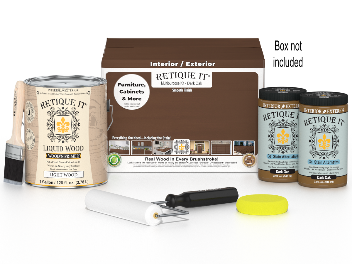 Retique It® Multi-purpose Wood'n Finish Kit in Dark Oak with four large bottles, showing the wood finishing products and packaging.