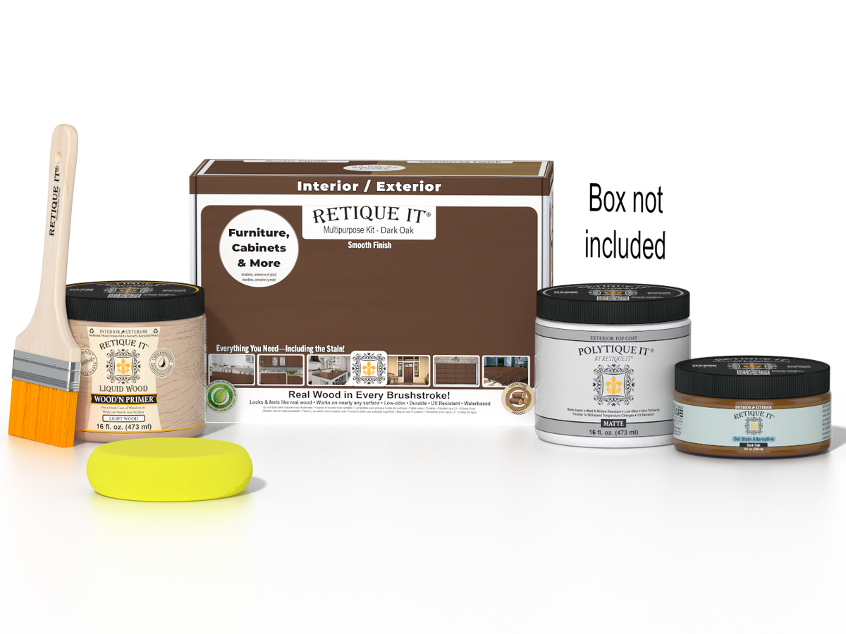 Retique It® Multi-purpose Smooth Finish Kit in Dark Oak for exterior wood, includes top coat and application tools.
