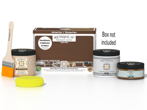 Retique It® Multi-purpose Smooth Finish Kit in Dark Oak for exterior wood, includes top coat and application tools.