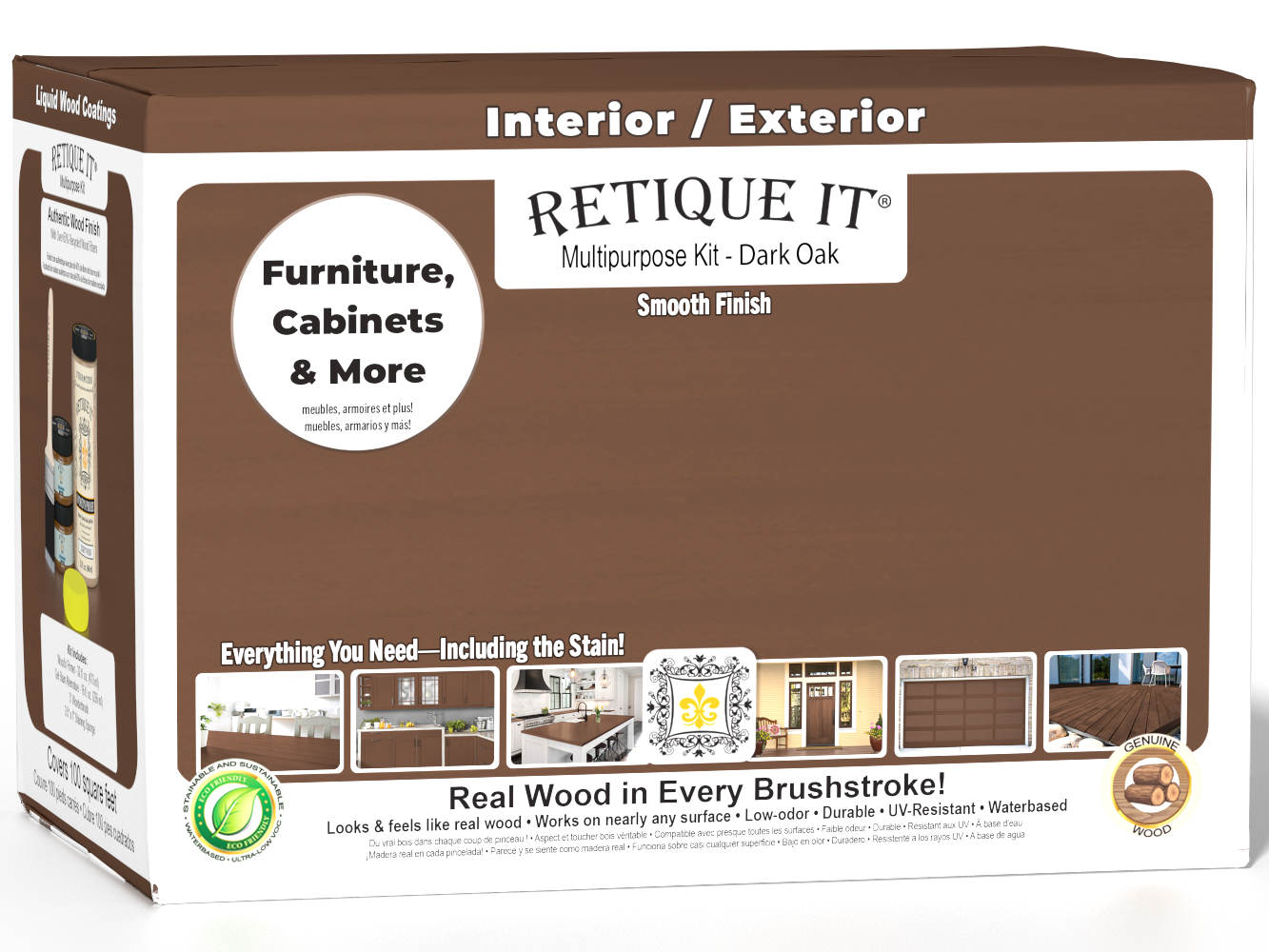 Large dark oak wood finish kit from Retique It® with smooth finish, including tools and materials for wood surface enhancement.