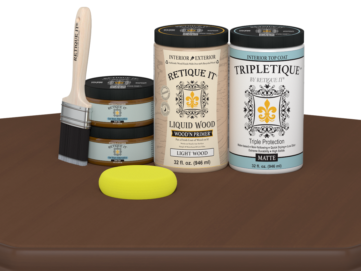 Large Dark Oak Multi-purpose Smooth Finish Kit by Retique It® for wood interior top coat, featuring matte wood finish and application tools