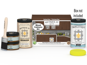 Dark oak wood cabinet kit with 12 smooth doors, labeled Doak BPK32 from Retique It® stain collection, shown with packaging.