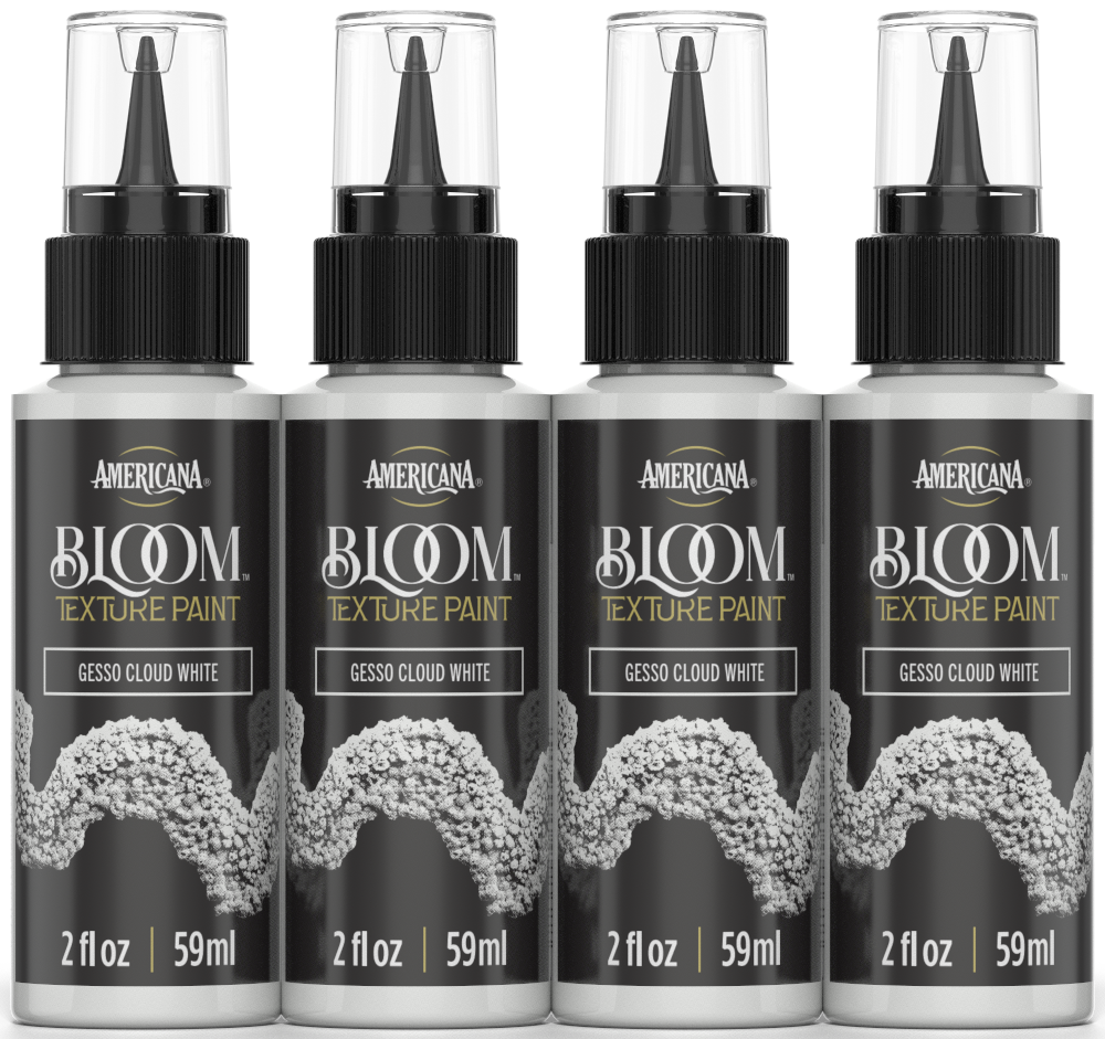 Retique It® Bloom Texture Paint Gesso Cloud White 4-pack, showing front view of textured paint bottles with white caps.