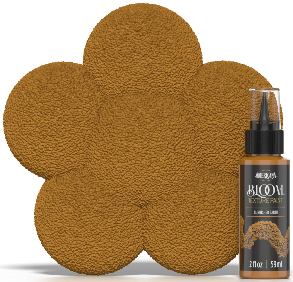 Retique It® Bloom Texture Paint 4-pack in Burnished Earth, showing textured paint cans with a sample swatch in front